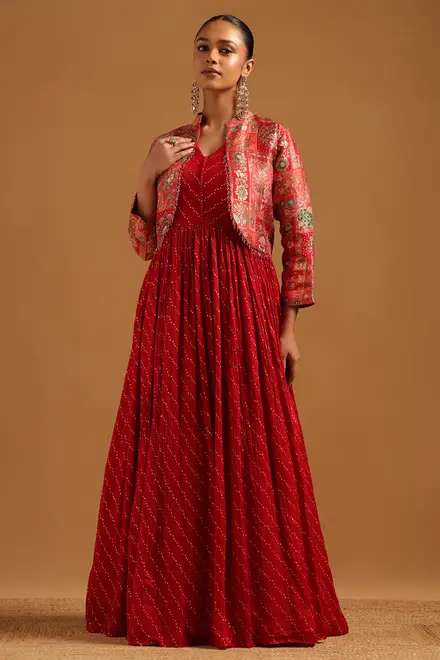 Red Brocade Geometric Zari Woven Gown With Beads